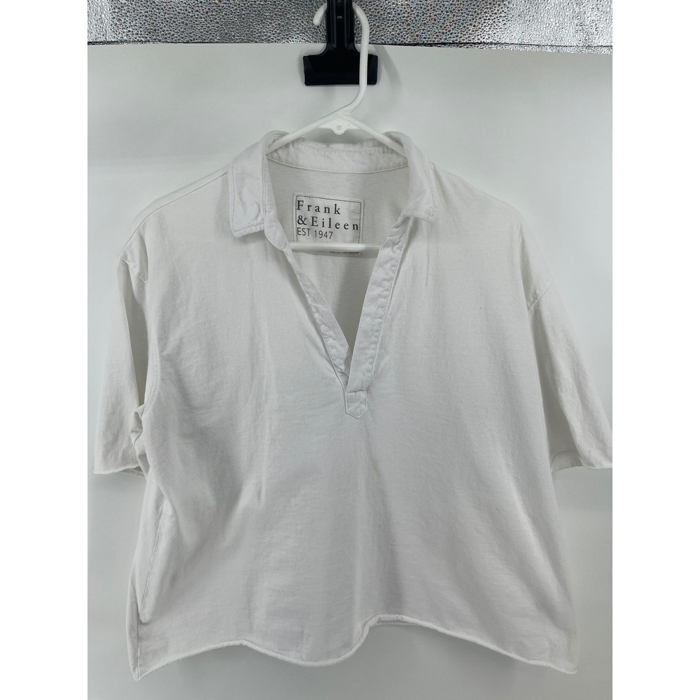Frank & Eileen Polo Shirt Womens Large White "Flaw" Raw Hem Cotton V-Neck